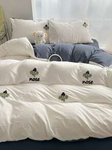 Set de ropa de cama de 3/4 piezas para niños, de unicolor con bordado, funda de edredón de gasa de doble capa suave, adecuado para todas las estaciones - Blanco - Ver 5