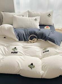 Set de ropa de cama de 3/4 piezas para niños, de unicolor con bordado, funda de edredón de gasa de doble capa suave, adecuado para todas las estaciones - Blanco - Ver 8