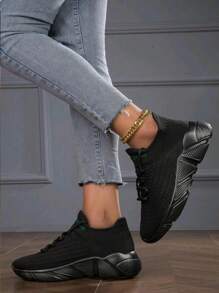 女士黑色透气缓震平底运动鞋 - 舒适四季系带休闲鞋，时尚编织纹理弹性面料材质，低帮 - 黑色 - 查看 4