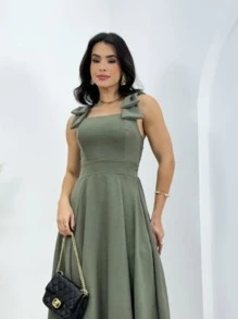 Lace Midi Dress With Elastic Back Elegant Look - 橄欖綠 - 查看 3