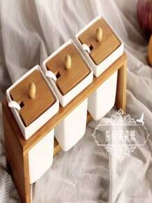 Kit With 3 Pieces Ceramic Storage Holder With Bamboo Support - trắng - Xem 4