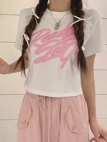 Women's White Round Neck Short Sleeve Pink Letter Print T-Shirt