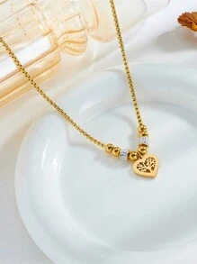 Stainless Steel Plated Heart Shape Necklace With Tree Hollow Pendant, Elegant Jewelry For Men & Women - Yellow Gold - View 4