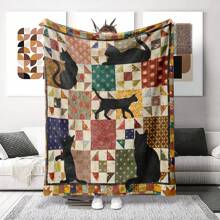 1pc Flannel Patchwork Cat Pattern Plaid Blanket, Soft Touch Cozy Sofa Throw, Versatile Nap Blanket