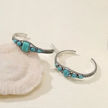 波西米亚风格复古绿松石色镂空几何水滴袖口手镯，可调节，男女通用，非常适合夏季、海滩派对、时尚配饰 - 銀色 - 查看 9