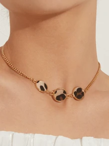 1pc Fashionable & Creative Leopard Print Round Disc Women Necklace - Multicolor - View 2