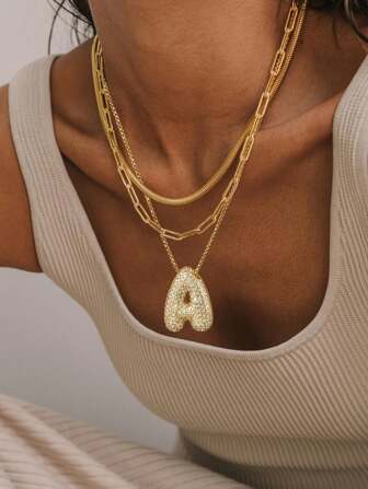 Poulisa Luxury Initial Charm Letter Hailey Starry Fully Paved Cubic Zirconia Big Zirconia A-Z English Copper Thick Bubble Round Pendant Necklace, Gold Plated Copper Jewelry, Party Gift For Men & Women