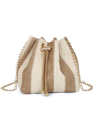 New Fashion Straw Crossbody Bag With Metal Chain, Women Lightweight Minimalist Chic Metal Lock Clasp Straw Shoulder Bag, Perfect For Beach Vacation, Travel, Shopping, And Vacation Essentials, Eye-Catching Beach Bag Summer, Summer Straw Beach Bag For Women