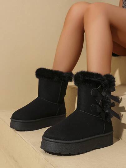 Women's Fashion Versatile Patchwork Metal Buckle Zipper Solid Color Round Toe Short Ankle Buckle Strap Chunky Heel Short Boots, Fashionable Casual Daily Wear, Suede, Autumn/Winter,Fur Boots,Snow Boots