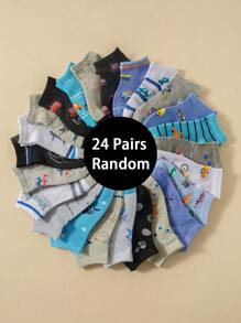 12對隨機圖案男童襪子，以卡通恐龍，汽車，帆船，鯊魚為特色；適合作為禮物贈送和日常穿著 - 彩色 - 查看 16
