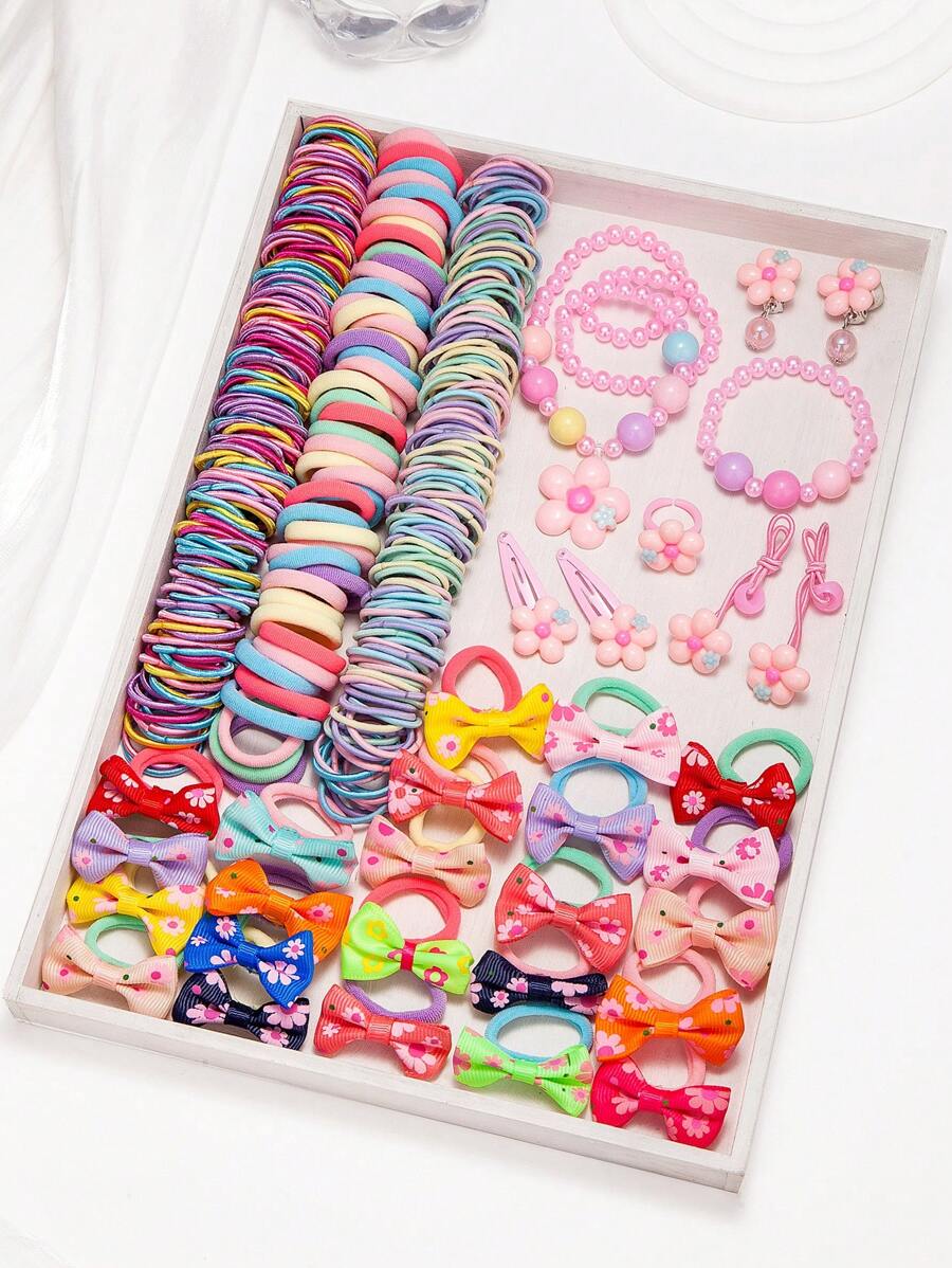 149件套女孩多色蝴蝶结发圈、可爱花朵项链、手链、耳环、戒指、发饰组合套装、发圈、发饰 - 彩色 - 查看 1