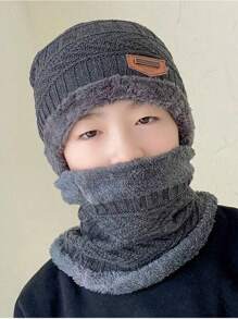 1 件温暖时尚舒适的冬季无檐小帽和围巾套装，适合男孩和女孩在冬季使用。 - 黑色 - 查看 13