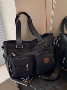 1 件黑色休闲时尚新款多口袋大容量单肩斜跨手提包，纯色复古学院风，适合学生、日常、度假、健身、时尚百搭，适合女性 - 黑色 - 查看 5