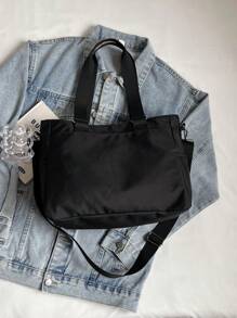 1 件黑色休闲时尚新款多口袋大容量单肩斜跨手提包，纯色复古学院风，适合学生、日常、度假、健身、时尚百搭，适合女性 - 黑色 - 查看 8