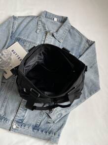 1 件黑色休闲时尚新款多口袋大容量单肩斜跨手提包，纯色复古学院风，适合学生、日常、度假、健身、时尚百搭，适合女性 - 黑色 - 查看 9