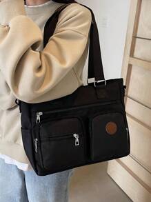 1 件黑色休闲时尚新款多口袋大容量单肩斜跨手提包，纯色复古学院风，适合学生、日常、度假、健身、时尚百搭，适合女性 - 黑色 - 查看 2