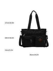 1 件黑色休闲时尚新款多口袋大容量单肩斜跨手提包，纯色复古学院风，适合学生、日常、度假、健身、时尚百搭，适合女性 - 黑色 - 查看 10