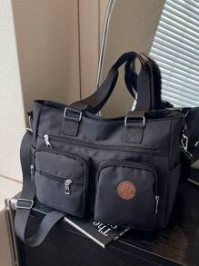 1 件黑色休闲时尚新款多口袋大容量单肩斜跨手提包，纯色复古学院风，适合学生、日常、度假、健身、时尚百搭，适合女性 - 黑色 - 查看 4