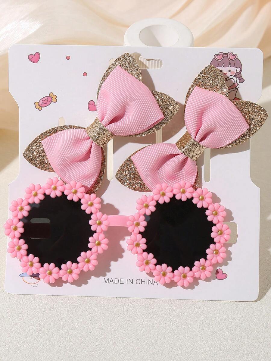 Set de 3 accesorios para el cabello de niña - Pinzas para el cabello con moño + Gafas con flores lindas - Rosa - Ver 1