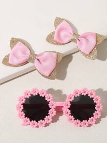 Set de 3 accesorios para el cabello de niña - Pinzas para el cabello con moño + Gafas con flores lindas - Rosa - Ver 2
