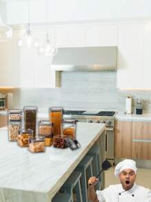 Kit 12 Airtight Acrylic Pots With Lid 2.2L 1.6L 800ml Groceries Kitchen Decoration Utensils - 無色 - 查看 7