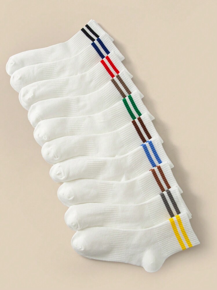 10 Pairs Kids Socks, Classic Striped School Style Sports Casual Breathable Soft Comfortable Fashion Versatile Mid-Calf Socks, Suitable For Daily Life Or Back To School, Random Color - Multicolor - View 2