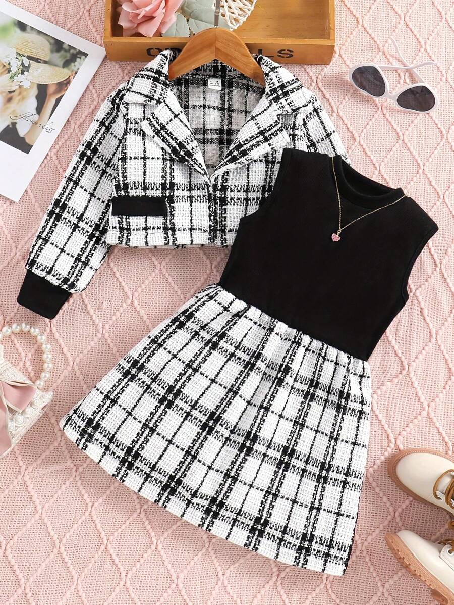 2pcs/Set Young Girl Fashion Plaid Lapel Collar Long Sleeve Jacket & Sleeveless Dress Set, Spring & Autumn - Black - View 1