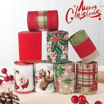 1 Roll 2m Ribbon, Linen Cloth Roll With Burlap Bow, Snowflake Patterned Ribbon With Metal Wire Edge, For Packaging And Decoration
