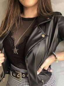 Winter Women's Biker Fake Leather Jacket - 黑色 - 查看 3