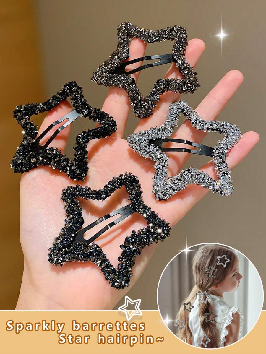 4 kẹp tóc ngôi sao pha lê cho bé gái, phụ kiện tóc mái & tóc mái lệch mới 2023
