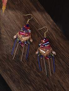1 对手工制作的波西米亚复古玻璃串珠流苏耳环 - 彩色的 - 查看 5