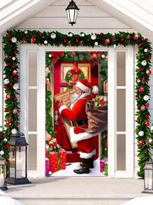 1pc Christmas Themed Door Flag, Vividly Depicting The Warm Scene Of Santa Claus Carrying A Gift Bag And Holding A Letter, Complemented By Vibrant Christmas Decorations Such As Fairy Lights, Bows, And A Christmas Tree, Featuring A Rich And Colorful Design. Suitable For Indoor And Outdoor Door Or Wall Decor, Whether For A Christmas Family Gathering Or A Lively Party