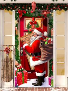 1pc Christmas Themed Door Flag, Vividly Depicting The Warm Scene Of Santa Claus Carrying A Gift Bag And Holding A Letter, Complemented By Vibrant Christmas Decorations Such As Fairy Lights, Bows, And A Christmas Tree, Featuring A Rich And Colorful Design. Suitable For Indoor And Outdoor Door Or Wall Decor, Whether For A Christmas Family Gathering Or A Lively Party