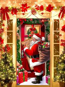 1pc Christmas Themed Door Flag, Vividly Depicting The Warm Scene Of Santa Claus Carrying A Gift Bag And Holding A Letter, Complemented By Vibrant Christmas Decorations Such As Fairy Lights, Bows, And A Christmas Tree, Featuring A Rich And Colorful Design. Suitable For Indoor And Outdoor Door Or Wall Decor, Whether For A Christmas Family Gathering Or A Lively Party