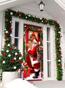 1pc Christmas Themed Door Flag, Vividly Depicting The Warm Scene Of Santa Claus Carrying A Gift Bag And Holding A Letter, Complemented By Vibrant Christmas Decorations Such As Fairy Lights, Bows, And A Christmas Tree, Featuring A Rich And Colorful Design. Suitable For Indoor And Outdoor Door Or Wall Decor, Whether For A Christmas Family Gathering Or A Lively Party