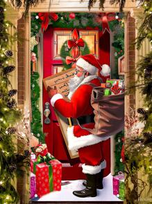 1pc Christmas Themed Door Flag, Vividly Depicting The Warm Scene Of Santa Claus Carrying A Gift Bag And Holding A Letter, Complemented By Vibrant Christmas Decorations Such As Fairy Lights, Bows, And A Christmas Tree, Featuring A Rich And Colorful Design. Suitable For Indoor And Outdoor Door Or Wall Decor, Whether For A Christmas Family Gathering Or A Lively Party