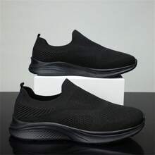 Zapatos deportivos de malla transpirable casuales para hombres, de corte bajo y de slip-on - Negro - Ver 3