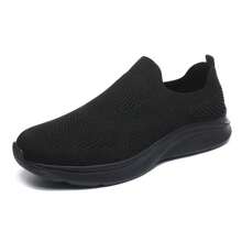 Zapatos deportivos de malla transpirable casuales para hombres, de corte bajo y de slip-on - Negro - Ver 4