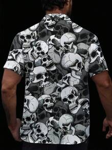 Men 3D Skull Print Button-Down Shirt, Summer Casual Creative Funny Short Sleeve Shirt, For Halloween