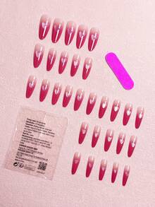 30件装长款日系ins风粉色可爱猫眼美甲甜美温柔渐变优雅长尖头指甲适合女性美甲装饰+1片果冻胶+1条摩擦条 - 彩色 - 查看 3