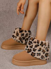 Women's 2024 Winter Mid Heel Thick Sole Warm Thermal Lined Snow Boots, Outdoor Use, Leopard Print Soft Sole Furry Boots