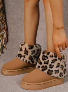Women's 2024 Winter Mid Heel Thick Sole Warm Thermal Lined Snow Boots, Outdoor Use, Leopard Print Soft Sole Furry Boots