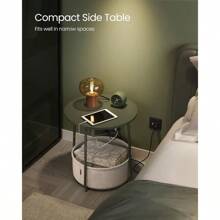 VASAGLE Side Table With Charging Station, Round End Table With Fabric Basket, Nightstand With Power Outlets USB Ports, For Living Room, Bedroom, Modern - Màu xanh Ô liu - Xem 3