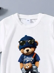 Young Boy Cartoon Print Short Sleeve Tee And Denim Shorts Set