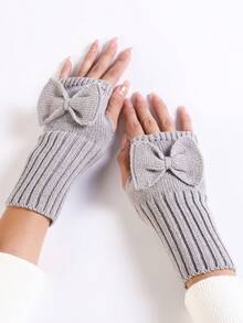 1件装灰色包装可爱针织蝴蝶结舒适亲肤防风保暖女士半指保暖手套 - 灰色 - 查看 1