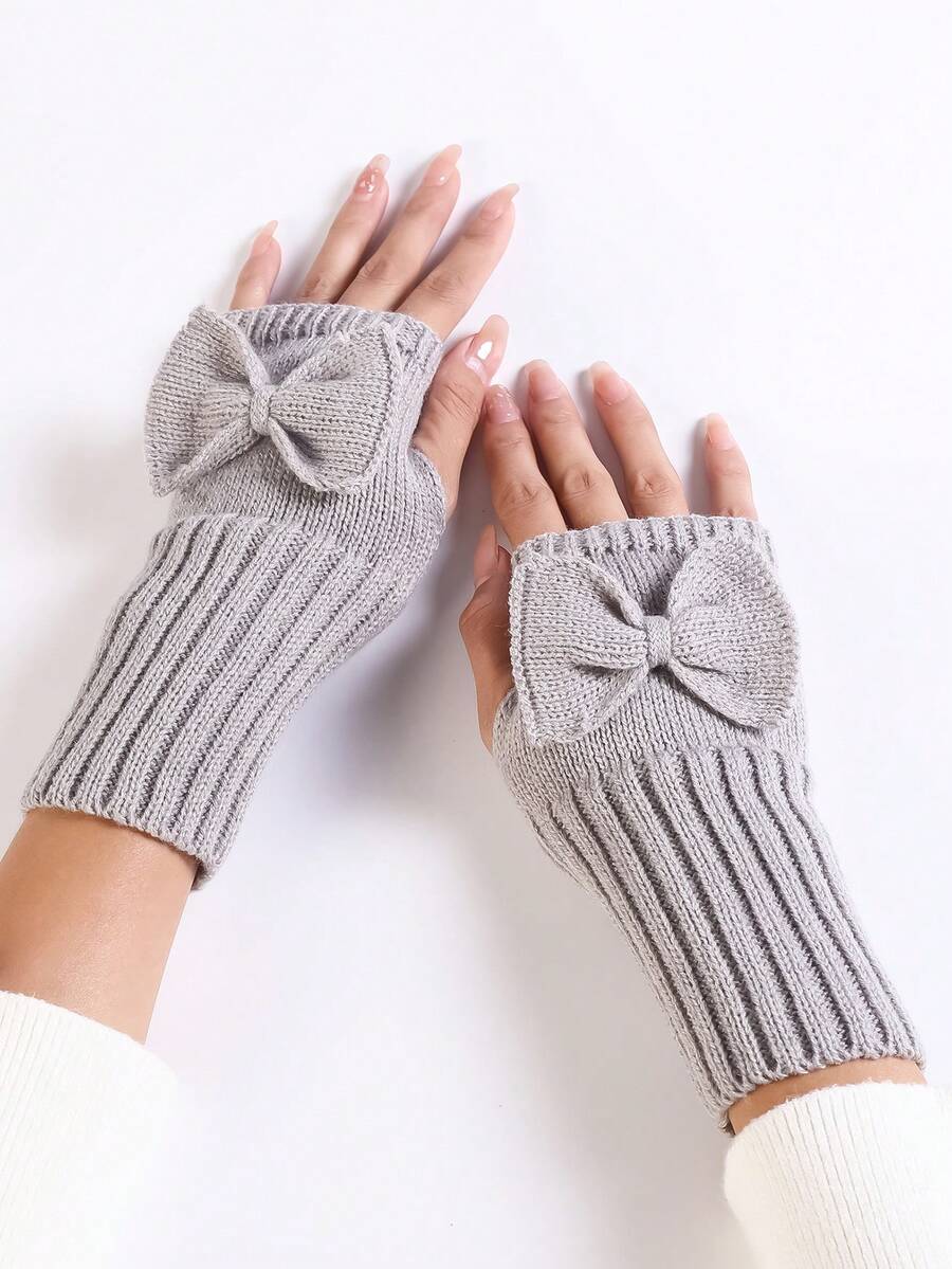 1件装灰色包装可爱针织蝴蝶结舒适亲肤防风保暖女士半指保暖手套 - 灰色 - 查看 1
