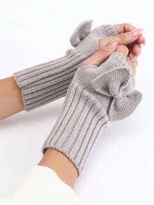 1件装灰色包装可爱针织蝴蝶结舒适亲肤防风保暖女士半指保暖手套 - 灰色 - 查看 5