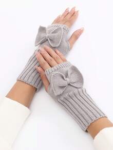 1件装灰色包装可爱针织蝴蝶结舒适亲肤防风保暖女士半指保暖手套 - 灰色 - 查看 6