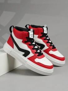 Men's Flats Red Shoes Casual Sneakers, Lace Up Soft Sole Flat Comfortable Skate Shoes For Men, Lightweight High-Top Daily Shoes