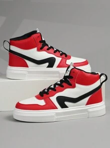 Men's Flats Red Shoes Casual Sneakers, Lace Up Soft Sole Flat Comfortable Skate Shoes For Men, Lightweight High-Top Daily Shoes